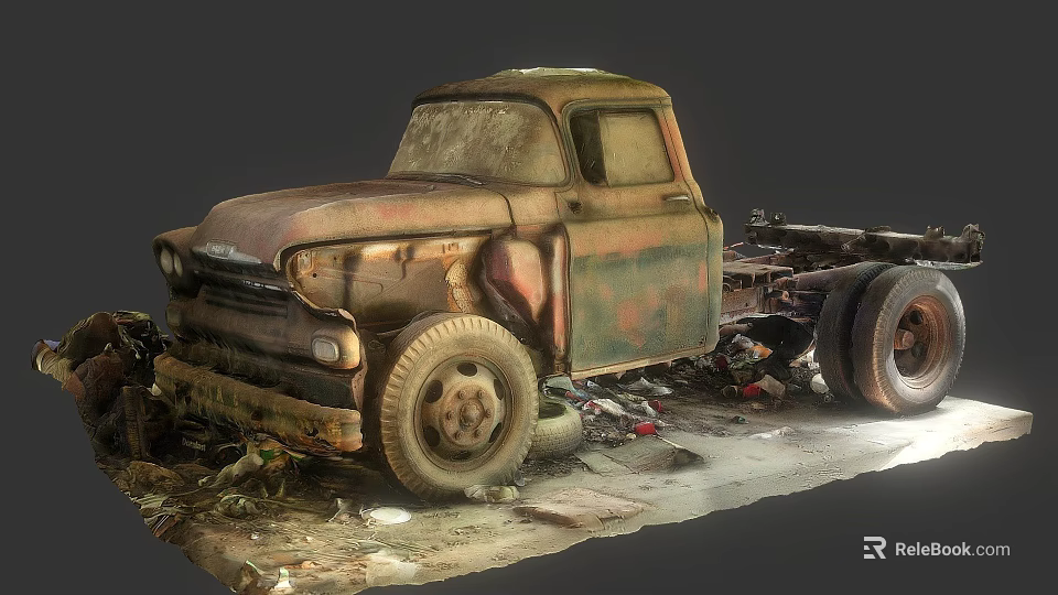 Abandoned Rusty Old Truck with Worn-Out Body Surrounded by Junk and Debris 3d model 