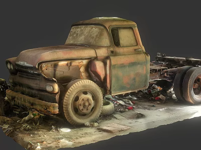 Abandoned Rusty Old Truck with Worn-Out Body Surrounded by Junk and Debris 3d model