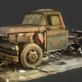 Abandoned Rusty Old Truck with Worn-Out Body Surrounded by Junk and Debris