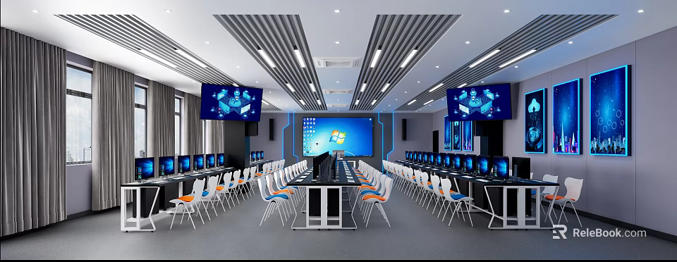 School Modern Computer Lab Featuring Rows Of Computers And Interactive Screens 3d model 