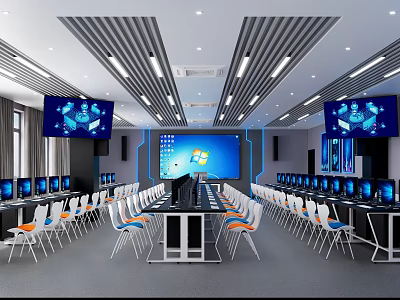 School Modern Computer Lab Featuring Rows Of Computers And Interactive Screens 3d model