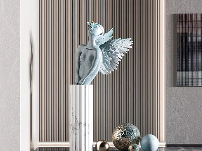 Elegant Winged Angel Sculpture on White Marble Pedestal with Striped Wall and Decorative Spheres 3d model