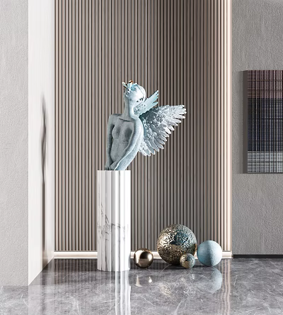 Elegant Winged Angel Sculpture on White Marble Pedestal with Striped Wall and Decorative Spheres 3d model