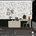 Elegant Vanity Dresser With Drawers Floral Wallpaper Mirror And Transparent Chair