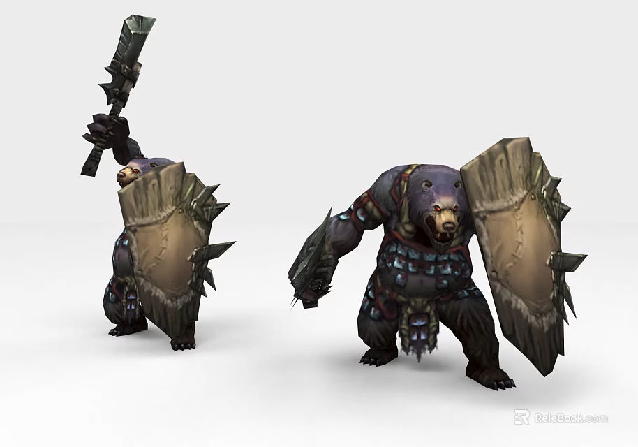 Game Movie Bear Warrior Character With Spiked Armor Large Shield And Weapon 3d model 