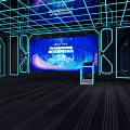 Digital Exhibition Hall Interior With Blue LED Screens Wireframe Structures And Display Podium 3d model