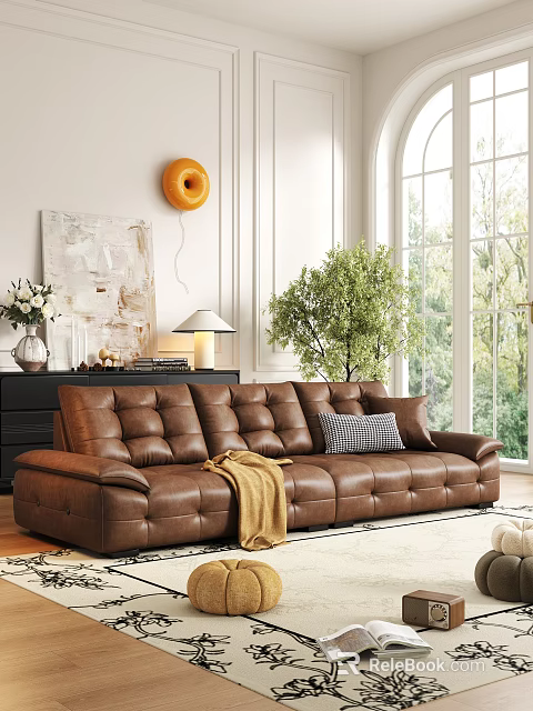 Brown Leather Sofa Coffee Table Set with Checkered Cushion Blanket Green Plant and Artwork 3d model 