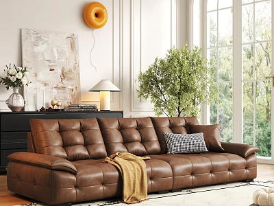 Brown Leather Sofa Coffee Table Set with Checkered Cushion Blanket Green Plant and Artwork 3d model