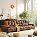 Brown Leather Sofa Coffee Table Set with Checkered Cushion Blanket Green Plant and Artwork