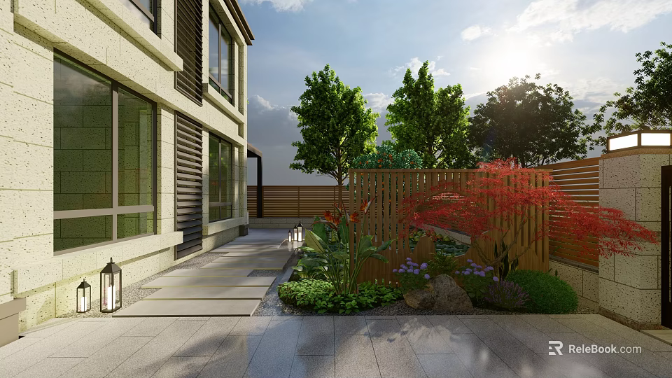 Beautiful Courtyard Garden with Stone Pathway Wooden Fence Green Trees Red Maple and Lanterns 3d model 