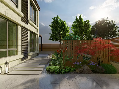Beautiful Courtyard Garden with Stone Pathway Wooden Fence Green Trees Red Maple and Lanterns 3d model