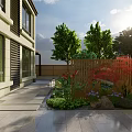 Beautiful Courtyard Garden with Stone Pathway Wooden Fence Green Trees Red Maple and Lanterns