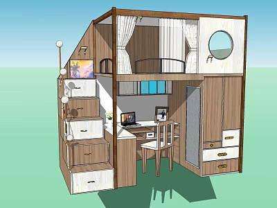 Modern Wooden Bunk Bed Design With Desk Chair Storage Cabinets And Circular Window 3d model