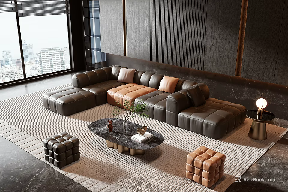 Elegant Modern Leather Sofa and Coffee Table Set With Marble Top Cushions and Ottoman 3d model 