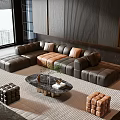 Elegant Modern Leather Sofa and Coffee Table Set With Marble Top Cushions and Ottoman