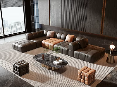 Elegant Modern Leather Sofa and Coffee Table Set With Marble Top Cushions and Ottoman 3d model