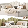 Kids Bed with Scalloped Headboard Beige Green Multiple Pillows and Blanket