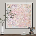 Abstract Painting Artwork With Colorful Pink Yellow Blue Patterns And Decorative Green Plant Accents