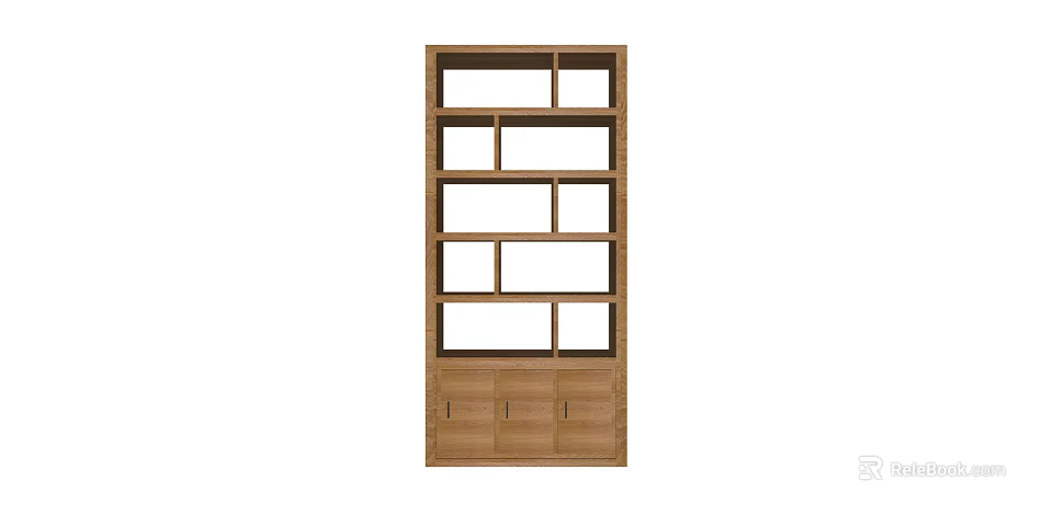 Modern Wooden Bookcase Featuring Multiple Open Compartments And Lower Storage Cabinets 3d model