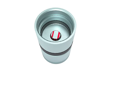 Silver Cylindrical Container With Red White Striped Logo And Metallic Finish 3d model