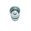 Silver Cylindrical Container With Red White Striped Logo And Metallic Finish