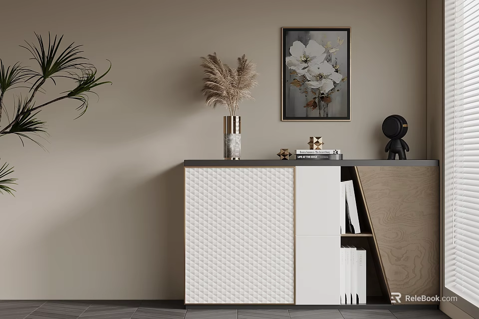 Elegant Entryway Console Cabinet with Woven Panel Vase Floral Art Black Sculpture and Books 3d model 