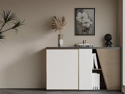 Elegant Entryway Console Cabinet with Woven Panel Vase Floral Art Black Sculpture and Books 3d model