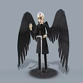 Man with White Hair Black Wings Wearing Long Black Coat Holding Staff in Grey Background