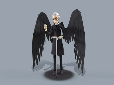 Man with White Hair Black Wings Wearing Long Black Coat Holding Staff in Grey Background 3d model