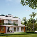 Modern Two Story Detached Villa With Front Lawn Large Windows And Palm Trees