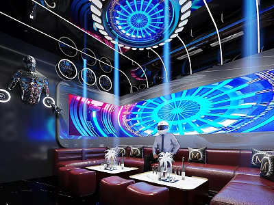 Modern KTV Lounge Interior Featuring Neon Lights Circular Decor Large Screen Sofa And Tables 3d model