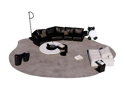 Modern Living Room Setup with Black Sofa White Coffee Table Gray Rug and Floor Lamp 3d model