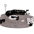 Modern Living Room Setup with Black Sofa White Coffee Table Gray Rug and Floor Lamp