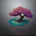 Stylized Pink Flower Tree With Lush Blossoms On Blue Ground And Floating Petals