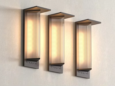 Three Modern Illuminated Wall Lamps With Metal Frame And Striped Lampshade Mounted On Light Wall 3d model
