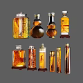 Various Shaped Amber Brown Liquor Bottles With Labels And Wooden Bases
