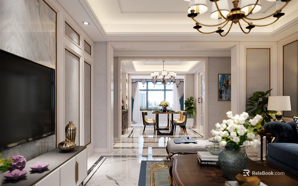 Modern Living and Dining Room Interior With Chandeliers Marble Floor TV Unit And Plants 3d model 