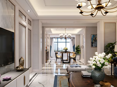 Modern Living and Dining Room Interior With Chandeliers Marble Floor TV Unit And Plants 3d model