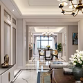 Modern Living and Dining Room Interior With Chandeliers Marble Floor TV Unit And Plants