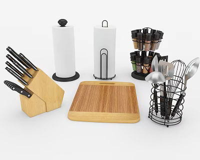Essential Kitchen Utensils With Wooden Cutting Board Knife Block Spice Rack And Metal Utensil Holder 3d model
