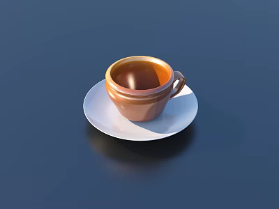 Elegant Brown Cup On White Saucer Over Dark Blue Tabletop Still Life Scene 3d model