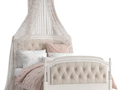 Elegant Princess Kids Bed With Tulle Canopy Tufted Headboard And Pink White Pillows 3d model