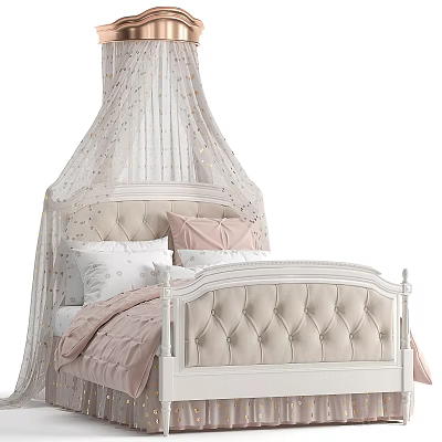 Elegant Princess Kids Bed With Tulle Canopy Tufted Headboard And Pink White Pillows 3d model