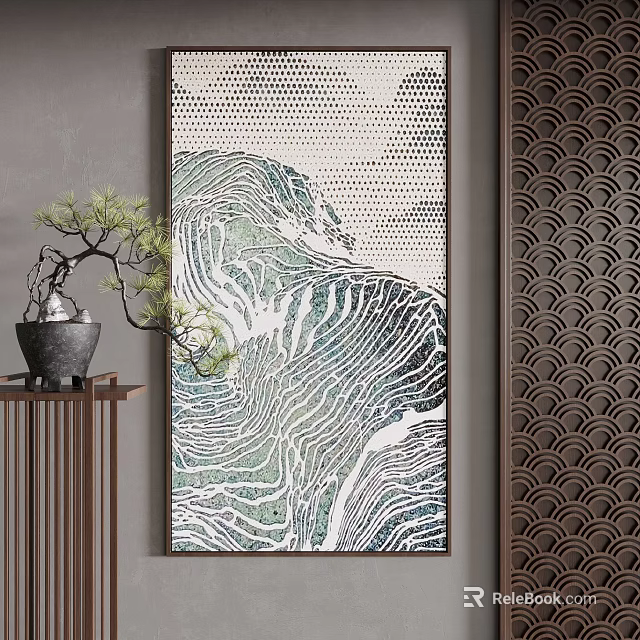 Wave Texture Decorative Artwork With Bonsai Plant And Patterned Screen On Wooden Shelf 3d model 