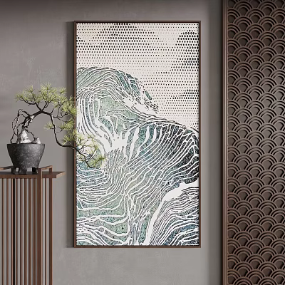 Wave Texture Decorative Artwork With Bonsai Plant And Patterned Screen On Wooden Shelf 3d model