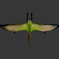 Flying Prehistoric Reptile With Green Body Orange Crested Head And Large Wings In Flight