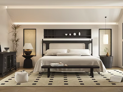 Modern Bedroom Interior With Upholstered Headboard Black And White Patterned Rug And Decorative Plants 3d model