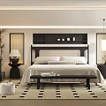 Modern Bedroom Interior With Upholstered Headboard Black And White Patterned Rug And Decorative Plants