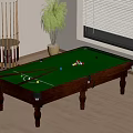 Elegant Billiard Table With Green Felt Surface Balls Cues Rack And Potted Plant By Window