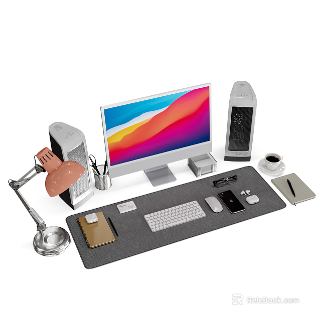 Modern Desktop Computer Workstation With Monitor Tower Keyboard Mouse Pad Desk Lamp And Coffee Cup 3d model 